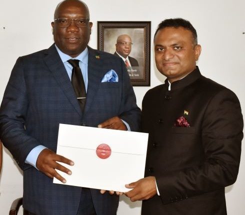Prime Minister Dr. the Hon. Timothy Harris pictured with High Commissioner of the Republic of India