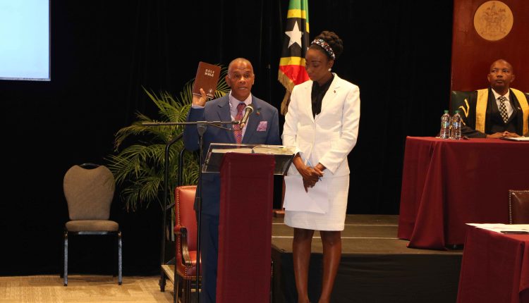 Hon. Eric Evelyn, Member for Nevis 10 in the National Assembly, taking the Oath of Allegiance at the Opening of the National Assembly at the St. Kitts Marriott Resort on July 08, 2020
