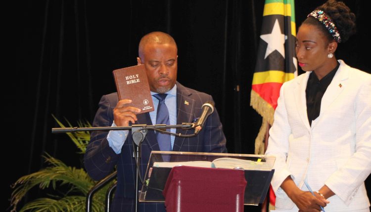 Hon. Mark Brantley, Member for Nevis 9 in the National Assembly, taking the Oath of Allegiance at the Opening of the National Assembly at the St. Kitts Marriott Resort on July 08, 2020