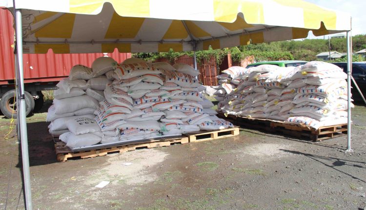 Some bags of the $33,000 free feed at Prospect on July 15, 2020, for distribution to livestock farmers on Nevis as part of a Nevis Island Administration/Eastern Caribbean Group of Companies partnership