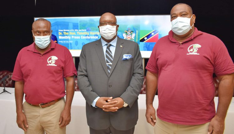 Prime Minister Dr the Hon Timothy Harris (centre) with STEP Director Mr Emile Greene (right), and STEP Field Operations Manager Mr William Phillip on July 3 during the Prime Minister’s Press Conference.