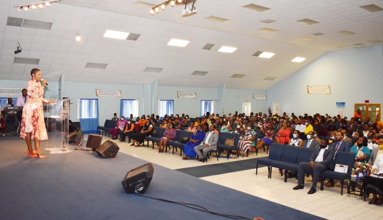 The Hon Akilah Byron-Nisbett addressing the congregation at the Rivers of Living Water Christian Centre in Lime Kiln Commercial Development, West Basseterre, on July 12