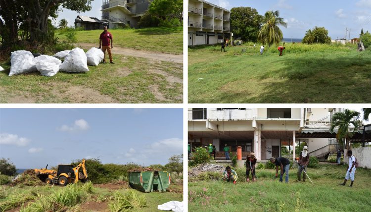Fort Thomas Hotel clean-up, clockwise from top: Mr Jason McKoy points at bags of plastic waste collected; STEP workers on the mountainside of the hotel; STEP workers on the seaside of the hotel; backhoe provided by Rock and Dirt.
