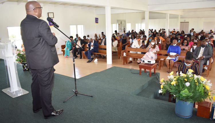 Prime Minister Dr the Hon Timothy Harris addressing worshippers at the Temple in Dieppe Bay on Sunday August 2.