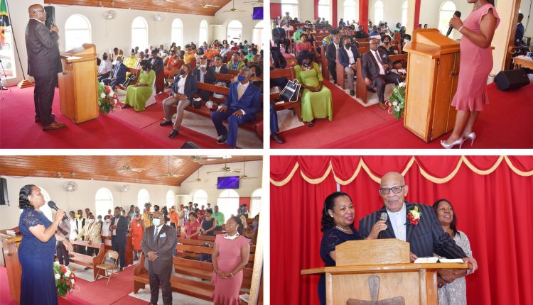 Prime Minister Harris; Deputy Speaker Dr Bernicia Nisbett; Bishop Gilfillan with his daughters, Pastor Pansy Bailey (left) and Ms Grace Gilfillan; Pastor Pansy Bailey leading the service.