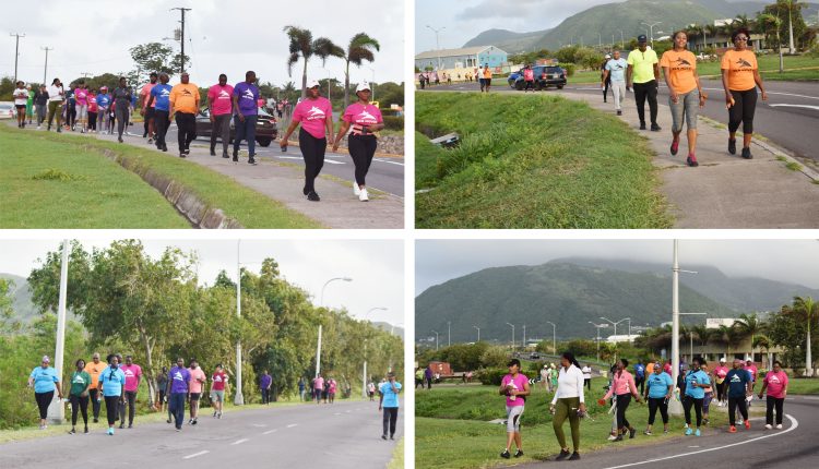 SKN Moves Health Walk participants at various stages of the route. Picture top left shows Prime Minister Harris, and picture top right shows Health Minister Hon Byron-Nisbett.