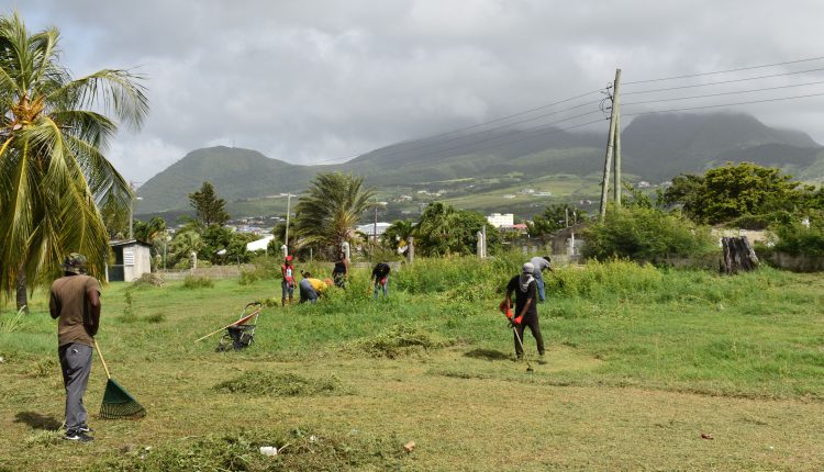 STEP Community Enhancement Workers from West Basseterre at work clearing the overgrown compound on the mountain side of the Fort Thomas Hotel in West Basseterre.