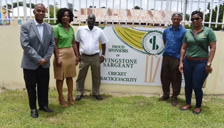The Hon Eric Evelyn, Ms Hyacinth Pemberton, Mr Stephen Jones, Mr Keeth Arthurton, and Ms Vernitha Evelyn at the newly opened Livingstone Sargeant Cricket Practice Facility.