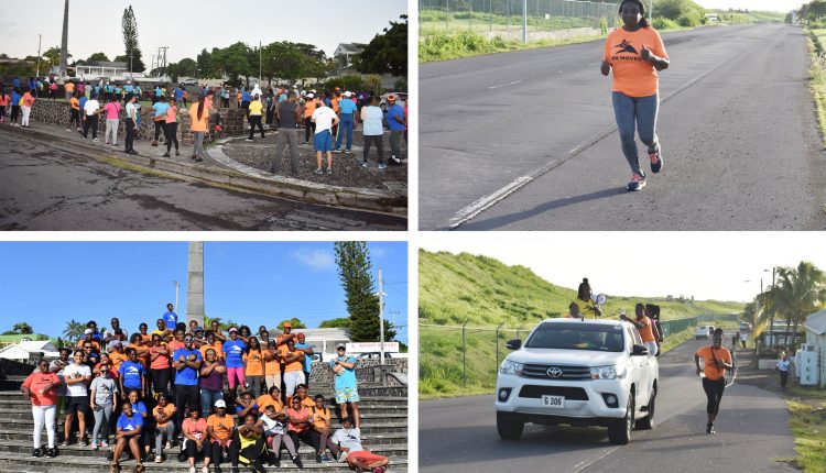 Clockwise from top: Walk participants at the War Memorial; PS Delores Stapleton-Harris running along F.T. Williams Highway; Deputy Speaker Dr Bernicia Nisbett grabs a bottle of water; staff of Kajola-Kristada Ltd at the end of the walk.