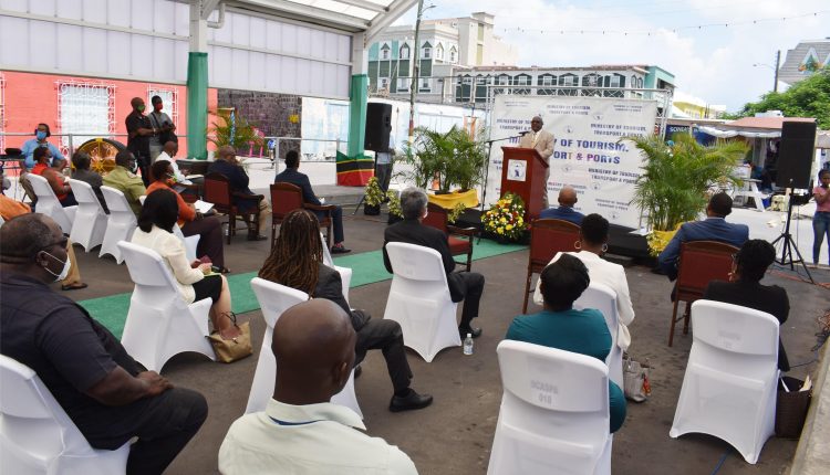 Prime Minister Dr the Hon Timothy Harris addressing attendees at the ceremony to officially open the West Line Bus Terminus in downtown Basseterre.