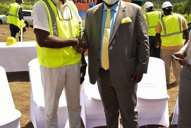 Prime Minister Dr. the Hon. Timothy Harris pictured with Mr. Haynes of Haynes and Associates – the main contractor on the St. Peter’s Health Facility project.