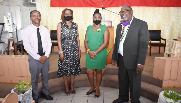 The Hon Akilah Byron-Nisbett (2nd left) and Pastor Lincoln Hazell (right) with members of the church Praise Team, Mr David Swanston, and Ms Daulinter Hazell.
