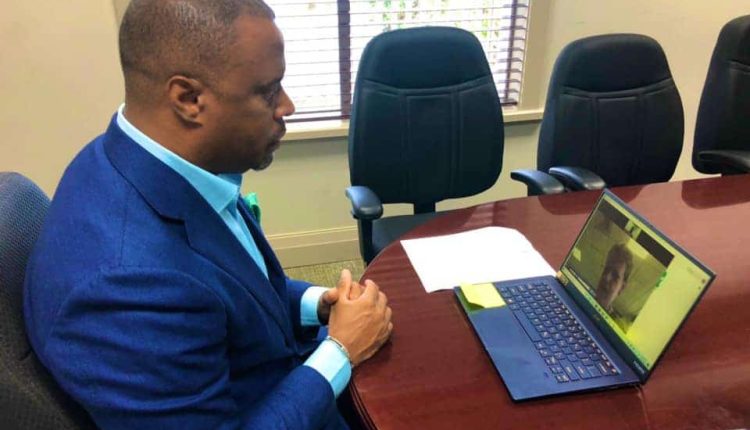 Hon. Mark Brantley, Minister of Foreign Affairs for St. Kitts and Nevis, conducts virtual meeting with Her Excellency Janet Douglas CMG, United Kingdom High Commissioner to Barbados and the Organisation of Eastern Caribbean States on October 20, 2020