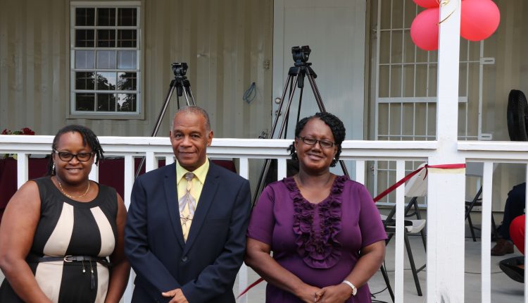 Ms. Azilla Clarke, focal point for OECS/USAID Juvenile Justice Reform Project in St. Kitts and Nevis, Hon. Eric Evelyn, Minister and Social Development in the Nevis Island Administration, and Ms. Sandra Maynard, Director of the Department of Social Services on Nevis at the October 27, 2020 opening of the “Yes To Success” skills training and diversion site at Pinney’s Estate, Nevis