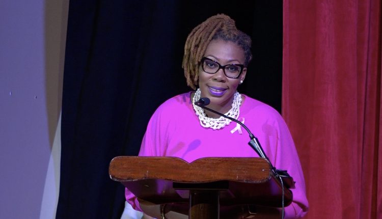 Ms. Camara Lee, a breast cancer survivor from Nevis, making her presentation as the featured speaker at the Ministry of Health’s Breast Cancer Awareness Forum at the Nevis Performing Arts Centre on October 21, 2020