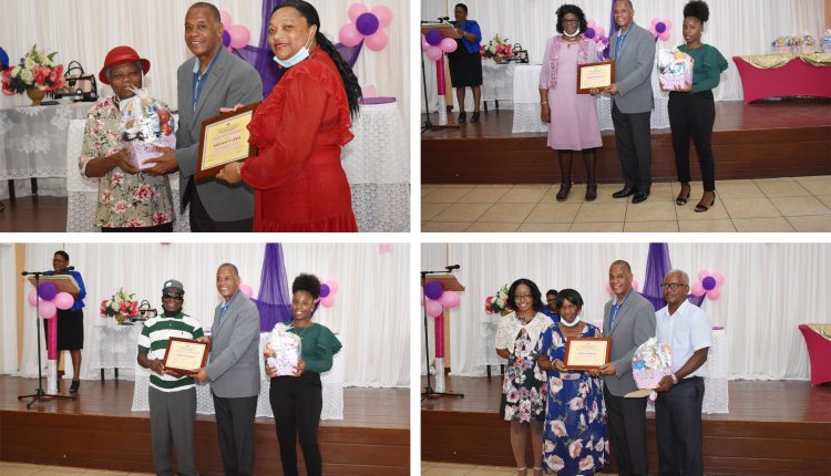 Clockwise from top as they receive their awards: Ms Bernadette Lewis, Ms Constantia David, Mrs Violet Perkins, and Mr Reuben Williams.