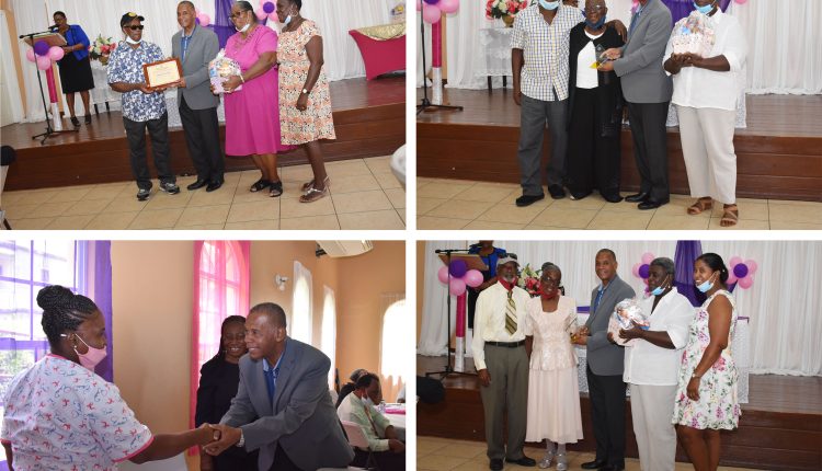 Clockwise from top: Mr Carlton Pinney, Mrs Essie Delashley, and Mrs Janet Herbert receiving their awards, and Hon Eric Evelyn is introduced to Ms Andria Caines from St. Kitts by Mrs Anne Wigley, also from St. Kitts.