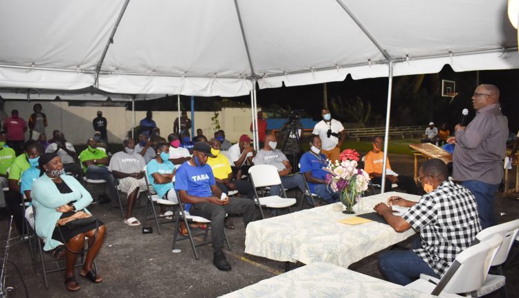 League sponsor, Prime Minister Dr the Hon Timothy Harris delivering feature remarks at the prize giving ceremony. Seated at the head table is League Coordinator Mr Calvin Farrell.