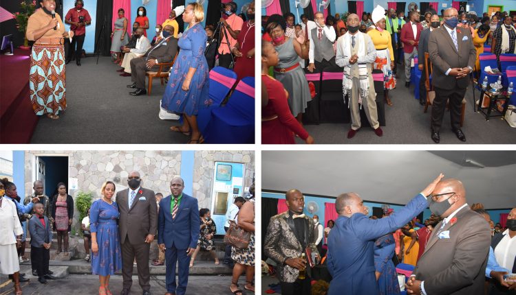 Clockwise from top: Pastor Sasha Boland (right) and Pastor Latrece Christopher (left); a cross-section of the congregation; Bishop Boland anoints PM Harris; PM Harris (centre) with Bishop Bernard Boland and Pastor Sasha Boland.