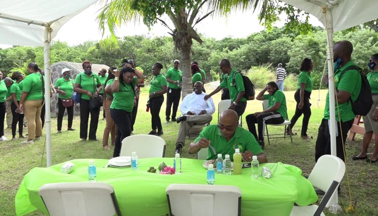 Staff from the Ministry of Tourism on St. Kitts at the Nevisian Heritage Village in Fothergill’s Estate, Gingerland during a day trip to Nevis on November 20, 2020, hosted by the Ministry of Tourism on Nevis