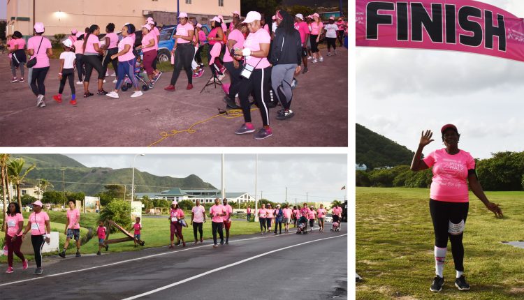 Walk participants taking off from Caribbean Cinemas (top picture), participants on the way (bottom picture), and Ms Shirlene Archibald who was the first registered participant to finish (picture on right).