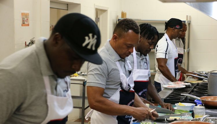 Participants in the Department of Gender Affair’s “Men Can Cook” programme during a session at the Charlestown Primary School’s Cafeteria on November 23, 2020