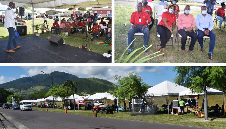 Minister Eric Evelyn and PS Sharon pose with staff of the Department of Cooperatives (top left); Hon Evelyn with officials of St. Kitts Taxi Cooperative (right). Bottom picture shows a general view of Agro Strip 2020.