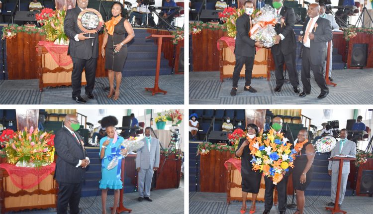 Presentations made to PM Harris: Clockwise from top, plaque by Constituency Number Seven Group, bouquet by PLP National Executive; bouquet by Constituency Number Seven Women’s Group, bouquet by Camp Ezekiel.
