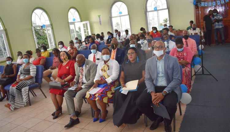Front row from right: Minister of Education the Hon Jonel Powell, Principal Mrs Julia Byron-Isaac, Deputy Speaker Senator the Hon Dr Bernicia Nisbett, Permanent Secretary Mr William Hodge, and Chief Education Officer Dr Debbie Isaac.
