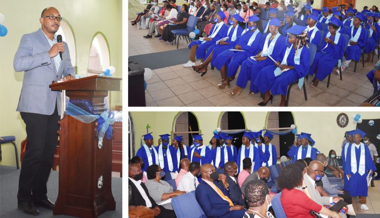 Minister of Education, the Hon Jonel Powell (left); Top right Graduating Class of 2020 during the ceremony; Bottom right, recession of Graduates.