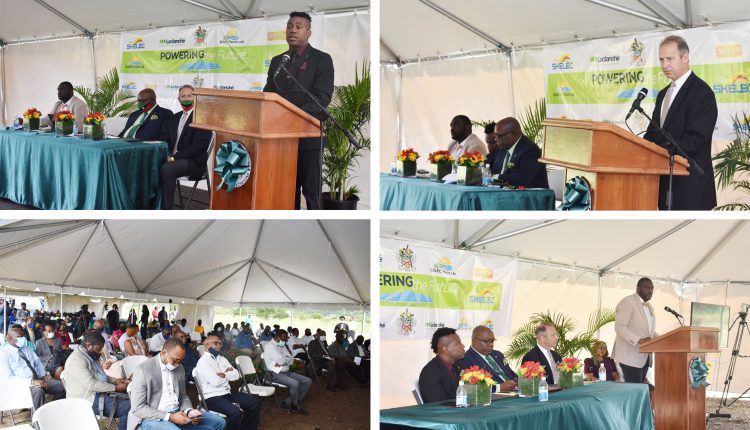 Clockwise from top: Deputy Prime Minister the Hon Shawn Richards; Executive Vice President of Leclanché SA, Mr Bryan Urban; SKELEC’s General Manager Mr Clement Jomo Williams; cross section of persons present.