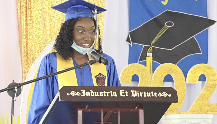 Ms. Donella Thompson, valedictorian of the Charlestown Secondary School’s Graduating Class of 2020 delivering her valedictory address at the school’s 2020 graduation ceremony at the Nevis Cultural Village on December 08, 2020