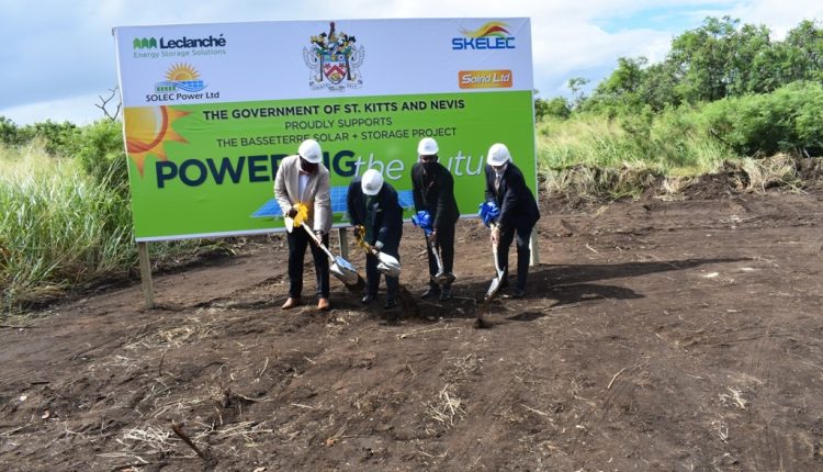 Breaking ground from left to right: Mr Clement Jomo Williams, Prime Minister Dr the Hon Timothy Harris, Deputy Prime Minister the Hon Shawn Richards, and Mr Bryan Urban of Leclanché SA.