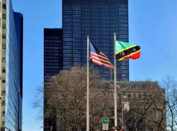 SKN flag over Wall Street