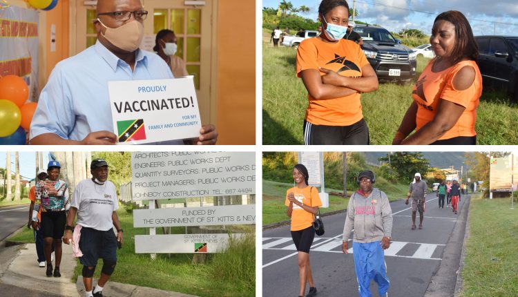 Clockwise from top: Prime Minister Harris after he received the vaccination; the Hon Akilah Byron-Nisbett (left) with PS Dr Delores Stapleton-Harris; Dr Dail Crawford in a previous health walk; Dr Leroy Richardson in a previous health walk.