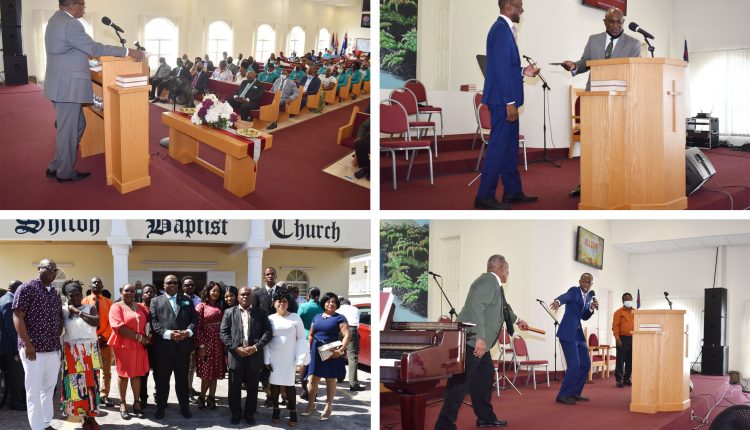 Clockwise from top: Hon Hamilton delivering remarks; Pastor Wayne Maynard receives a contribution from Mr Vernel Powell; Pastor Maynard demonstrates how to secure a strong future; Persons who accompanied PM Harris from St. Kitts.