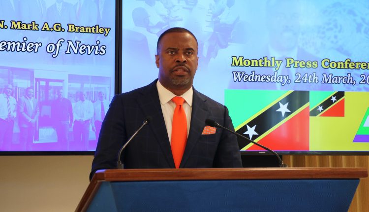 Hon. Mark Brantley, Premier of Nevis at his monthly press conference in Cabinet Room at Pinney’s Estate of March 25, 2021