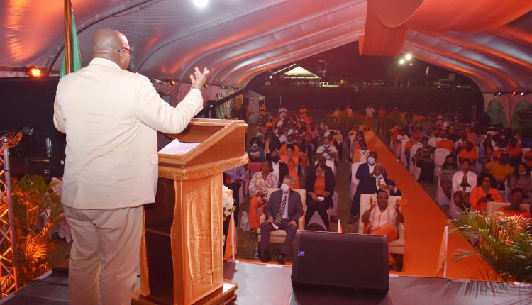 Peoples Labour Party National Political Leader, Prime Minister Dr the Hon Timothy Harris, delivering feature remarks at the PLP 2021 National Convention held at the Ottley’s playing field.
