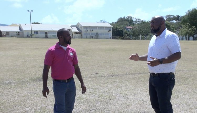 (L-r) Mr. Steve Reid, Chief Extension Officer in the Department of Agriculture and Mr. Huey Sargeant, Permanent Secretary in the Ministry of Agriculture on Nevis visiting the Villa Grounds in Charlestown on March 19, 2021, the venue for Agrofest on March 26