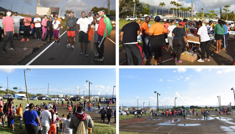 Clockwise from top: 1: Assembly at the Bellevue Bus Stop. Ambassador Tom Lee appears on the left. 2: Breakfast for health walk participants. 3: General scene on the hardcourts. 4: Moving towards the hill for a group picture.