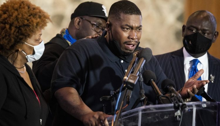 Aubrey Wright, father of the deceased Daunte Wright, speaks during a news conference at New Salem Missionary Baptist Church, Thursday, April 15, 2021, in Minneapolis
