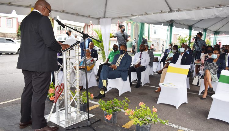 Prime Minister and Minister of Finance, who is also the Chair of Eastern Caribbean Central Bank Monetary Council, delivers feature remarks at the opening ceremony of the Bank of Nevis Limited on St. Kitts.