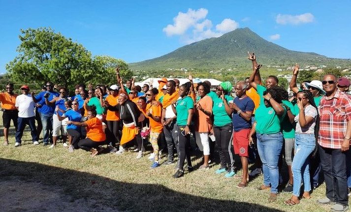 Hon. Eric Evelyn, Minister of Culture, Youth, Sports and Community Development in the Nevis Island Administration (furthest right) with St. Christopher and Nevis Social Security staff during their fun day at the FIT Park, Nevis on April 04, 2021