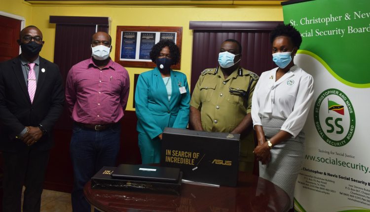 Left to right – Head of the Crime Directorate, Superintendent James Francis; Assistant Commissioner of Police with responsibility for the Crime Directorate, Andre Mitchell;  Chief Financial Officer, Social Security Board, Marilyn Johnson; Commissioner of Police Hilroy Brandy; and Public Relations Manager,  Social Security Board, Kamilah Lawrence.
