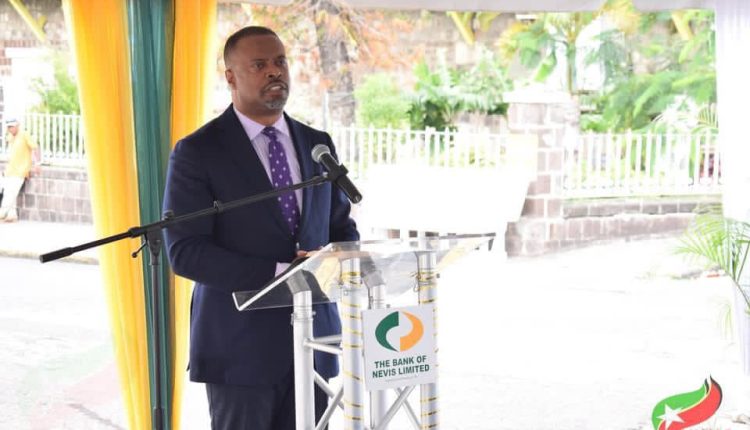 Premier of Nevis, Hon. Mark Brantley, Minister of Finance in the Nevis Island Administration presenting at the opening of the Bank of Nevis Limited branch in Basseterre, St. Kitts on April 06, 2021 (photo credit St. Kitts and Nevis Information Service)