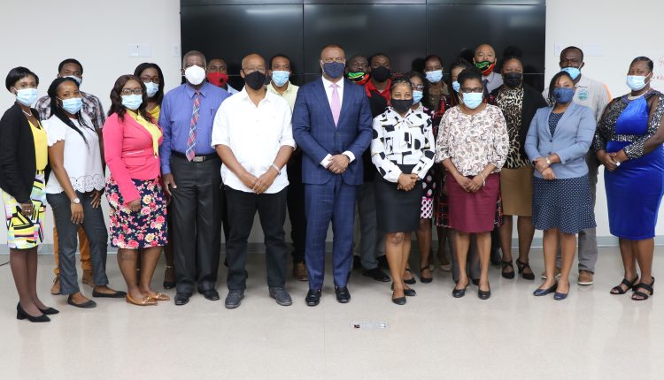 Hon. Mark Brantley, Premier and Minister of Human Resources in the Nevis Island Administration with Ministry of Human Resources personnel and participants at the closing ceremony for a Supervisory Management Training Course on April 19, 2021